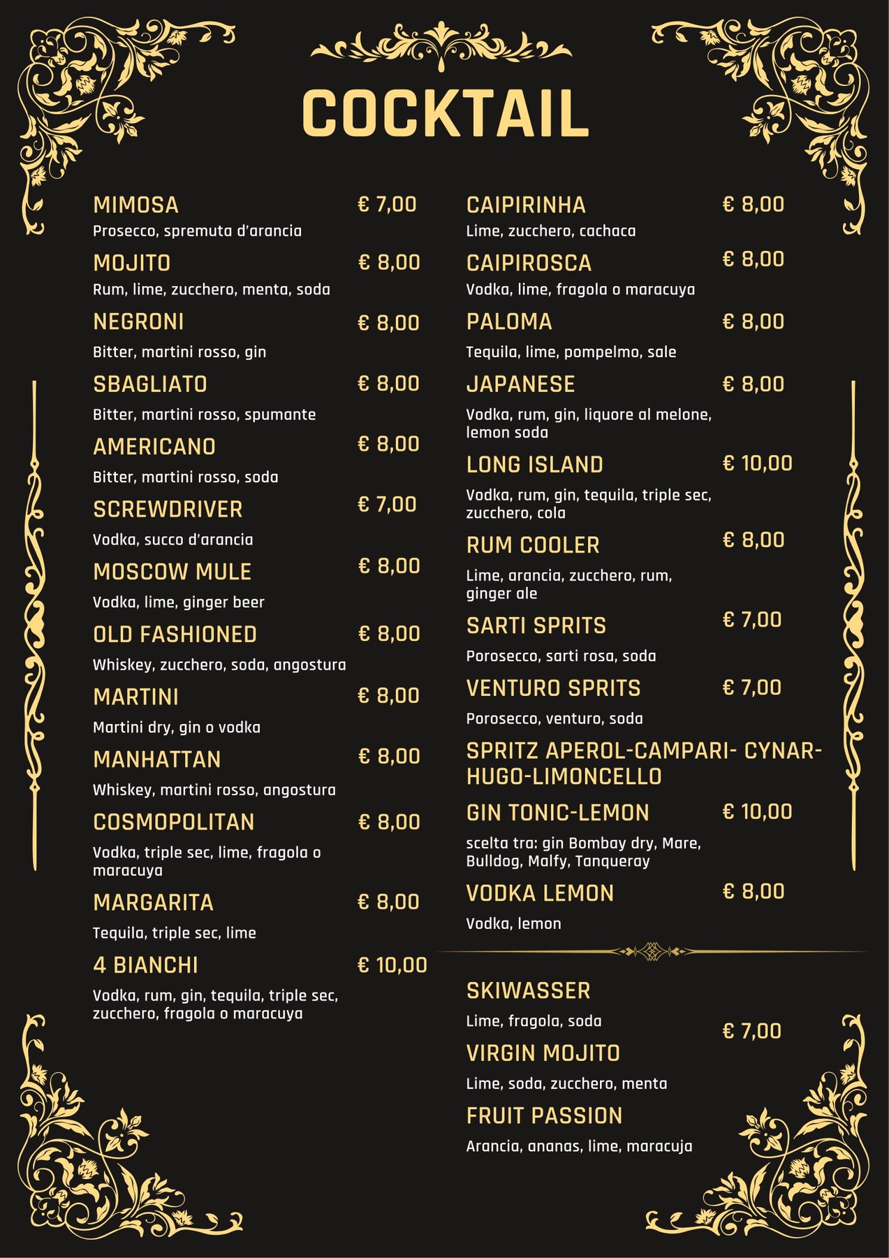 Carta cocktail Caffé Vintage — lista completa con prezzi
